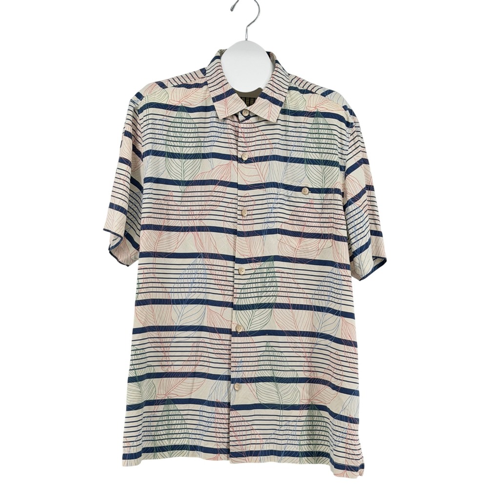 Tommy Bahama Silk Leaf Stripe Shirt Mens XL Cream Blue Short Sleeve Button Up